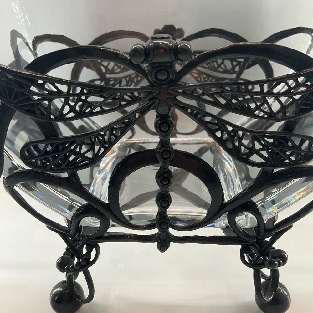 CASTILIAN Poland Crystal Bowl & Dragonfly Hefty Centerpiece 2 Pieces RARE!